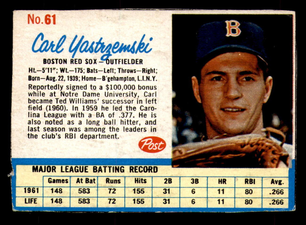 1962 Post Cereal #61 Carl Yastrzemski Excellent+  ID: 342619