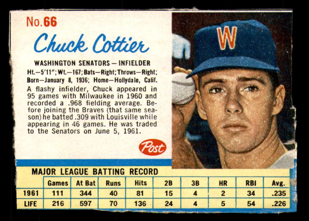 1962 Post Cereal #66 Chuck Cottier Very Good  ID: 342630