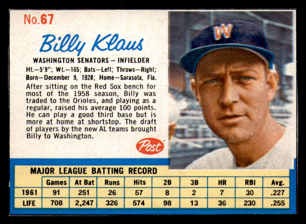 1962 Post Cereal #67 Billy Klaus VG-EX 