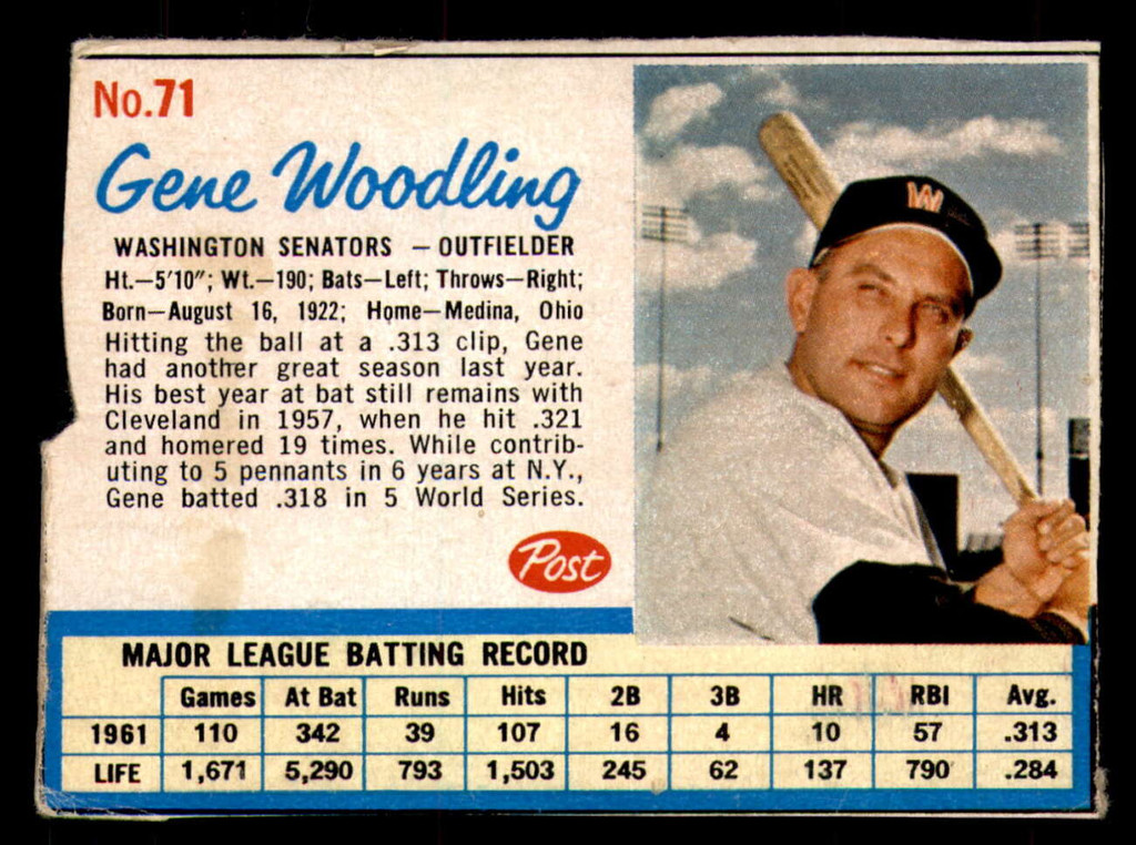 1962 Post Cereal #71 Gene Woodling Good 