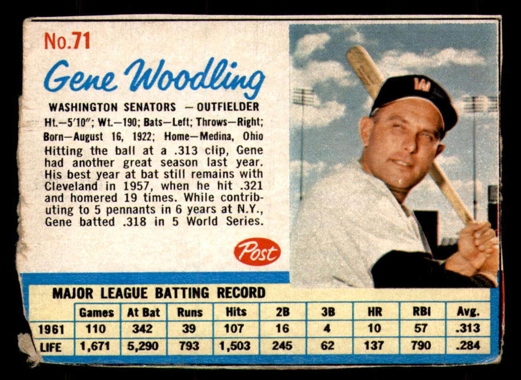 1962 Post Cereal #71 Gene Woodling G-VG  ID: 342640