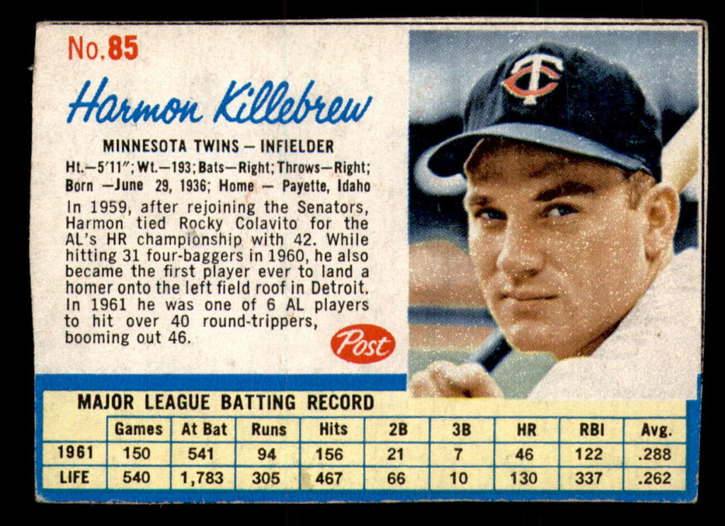 1962 Post Cereal #85 Harmon Killebrew Excellent  ID: 342671