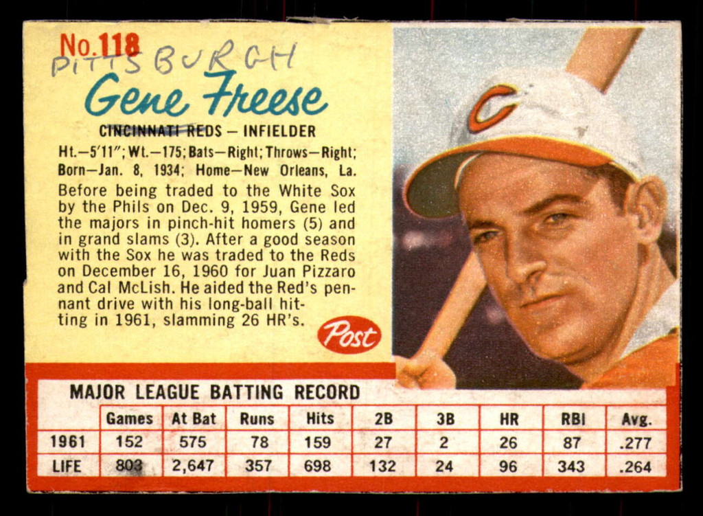 1962 Post Cereal #118 Gene Freese Good 