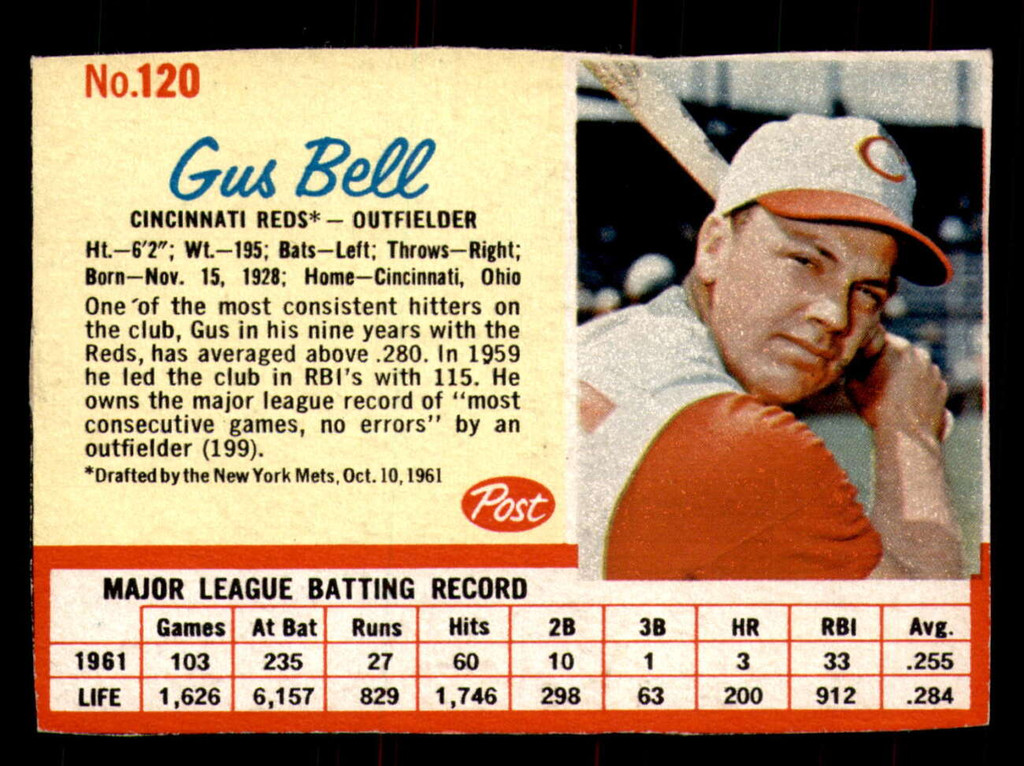 1962 Post Cereal #120 Gus Bell Ex-Mint  ID: 342737