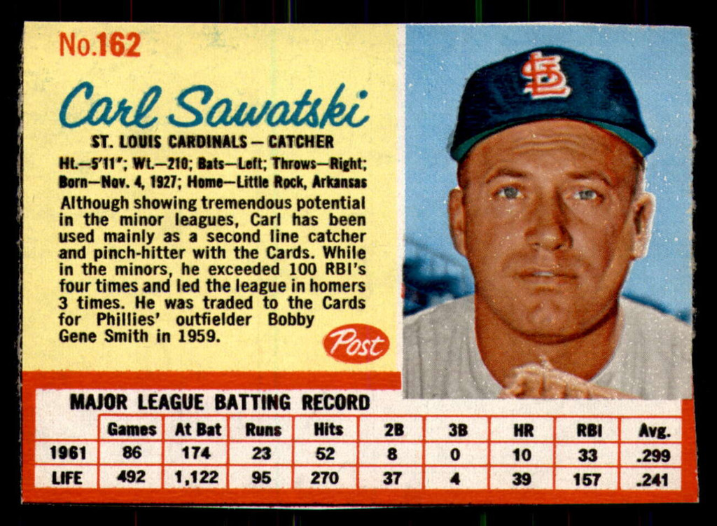 1962 Post Cereal #162 Carl Sawatski Ex-Mint 