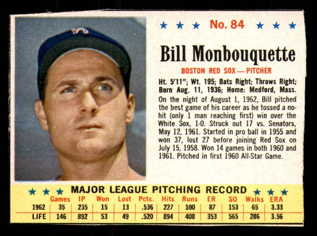 1963 Post Cereal #84 Bill Monbouquette Ex-Mint  ID: 342947