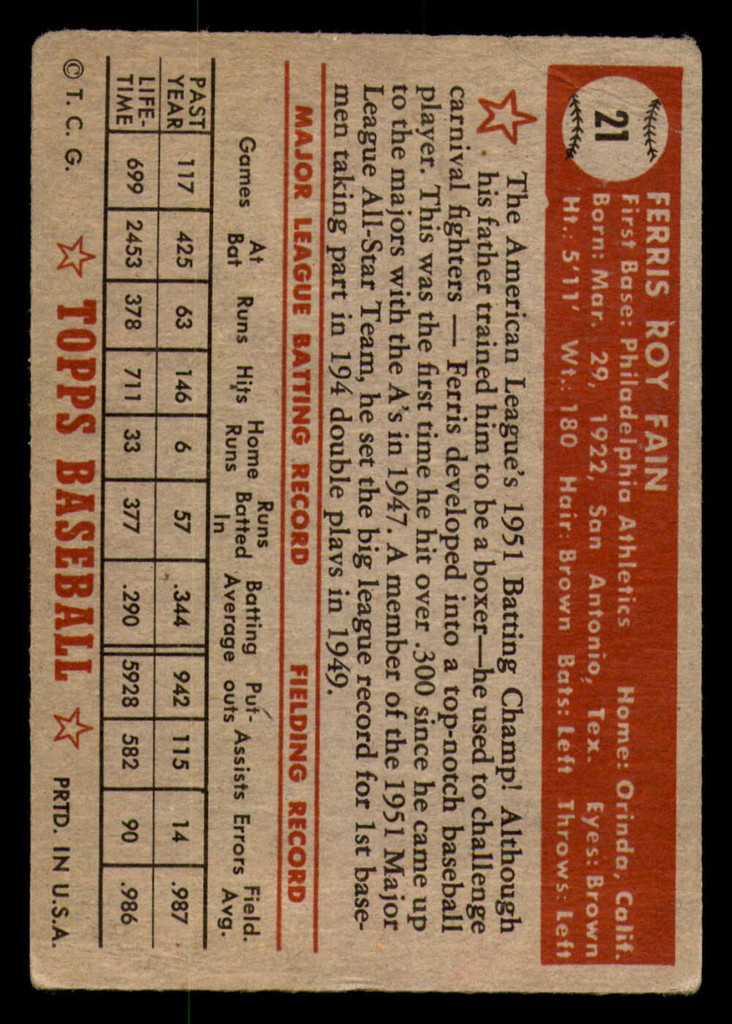 1952 Topps #21 Ferris Fain Very Good Red Back  ID: 345510