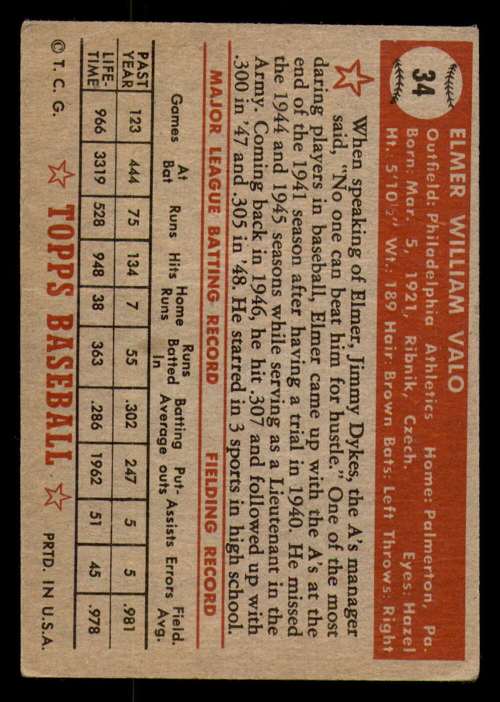 1952 Topps #34 Elmer Valo Good Red Back 