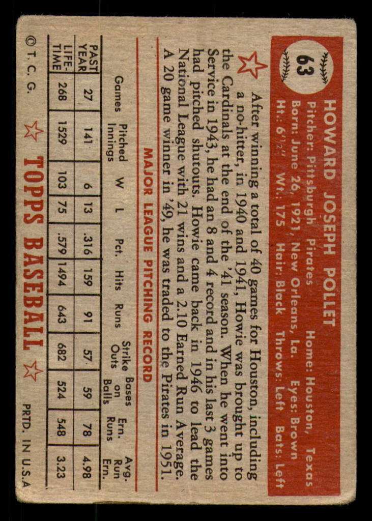 1952 Topps #63 Howie Pollet Good Red Back 