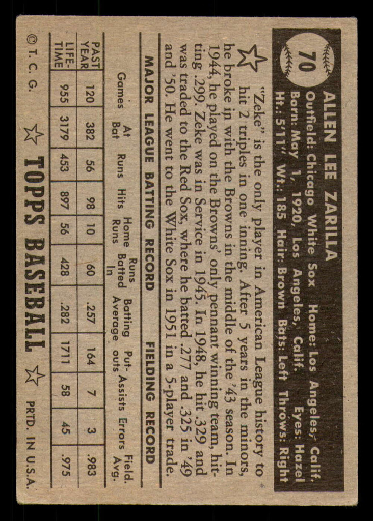 1952 Topps #70 Al Zarilla VG-EX Black Back 