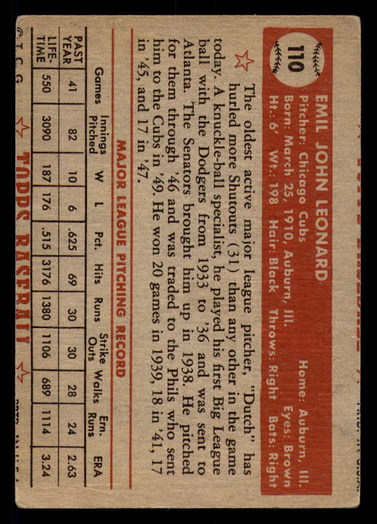 1952 Topps #110 Dutch Leonard VG-EX  ID: 345541