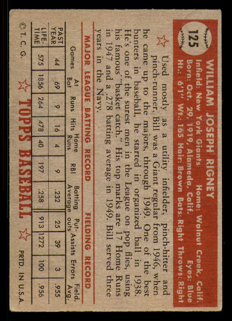 1952 Topps #125 Bill Rigney VG-EX  ID: 345546