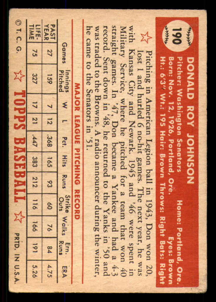 1952 Topps #190 Don Johnson Very Good RC Rookie  ID: 345567