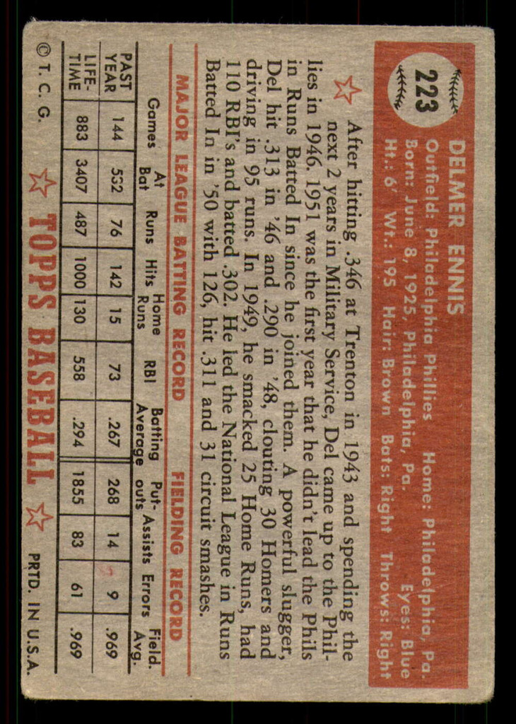 1952 Topps #223 Del Ennis G-VG 