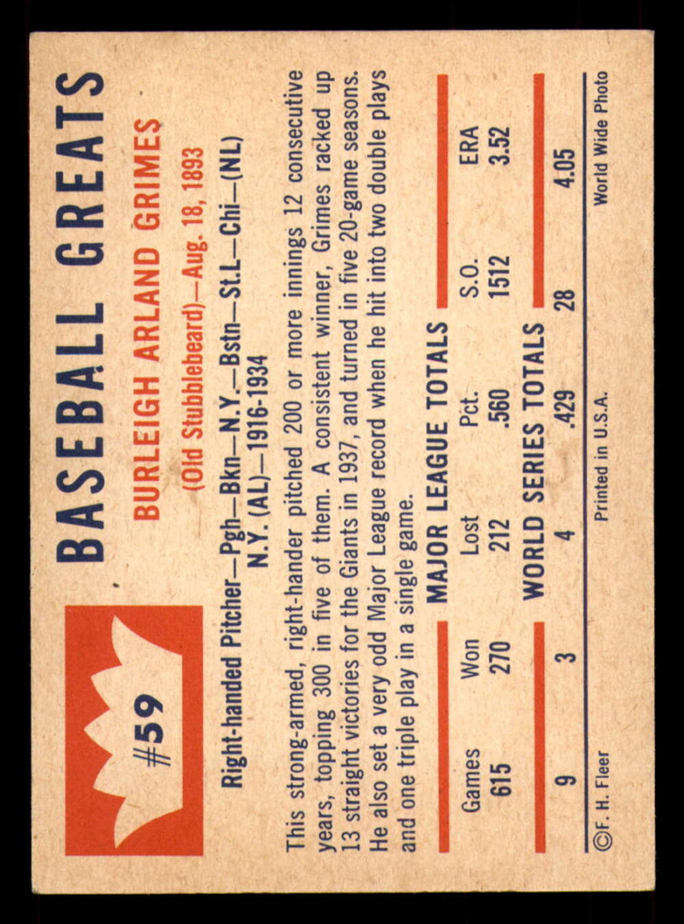1960 Fleer #59 Burleigh Grimes Near Mint  ID: 346150