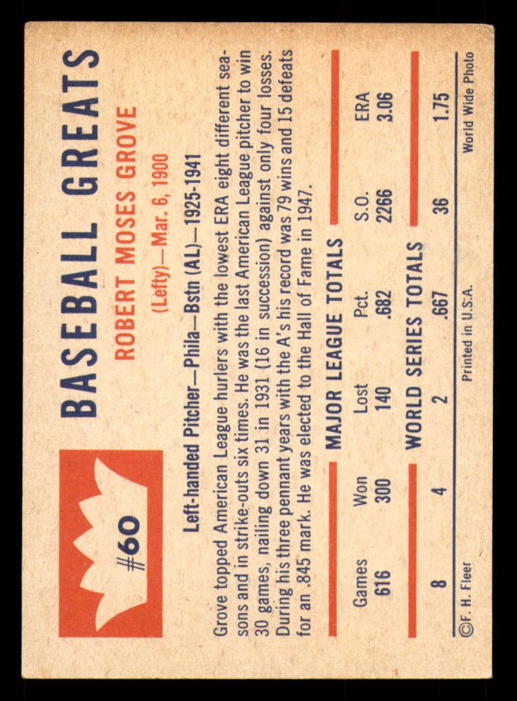 1960 Fleer #60 Lefty Grove Excellent+  ID: 346151