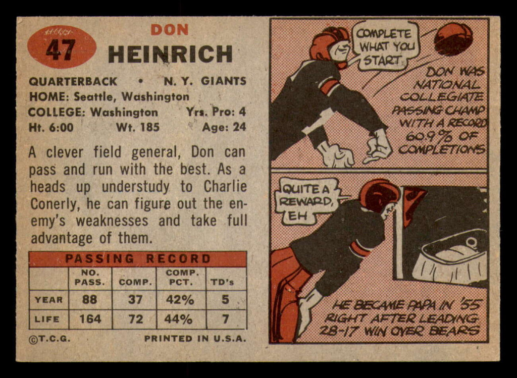 1957 Topps #47 Don Heinrich Near Mint+ 