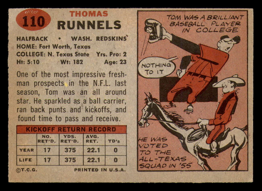 1957 Topps #110 Tom Runnels DP Excellent RC Rookie 