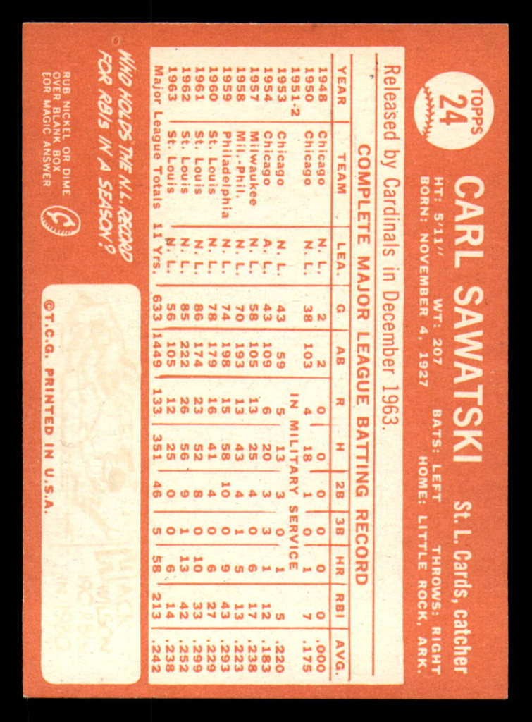 1964 Topps #24 Carl Sawatski Ex-Mint  ID: 348077