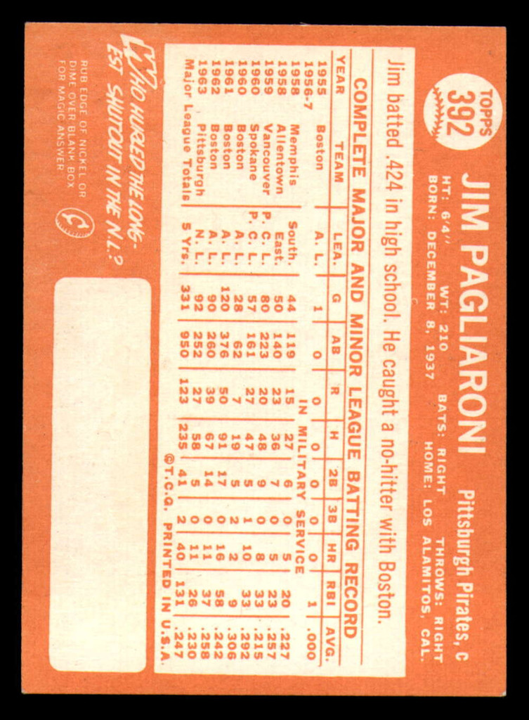 1964 Topps #392 Jim Pagliaroni Ex-Mint  ID: 348838