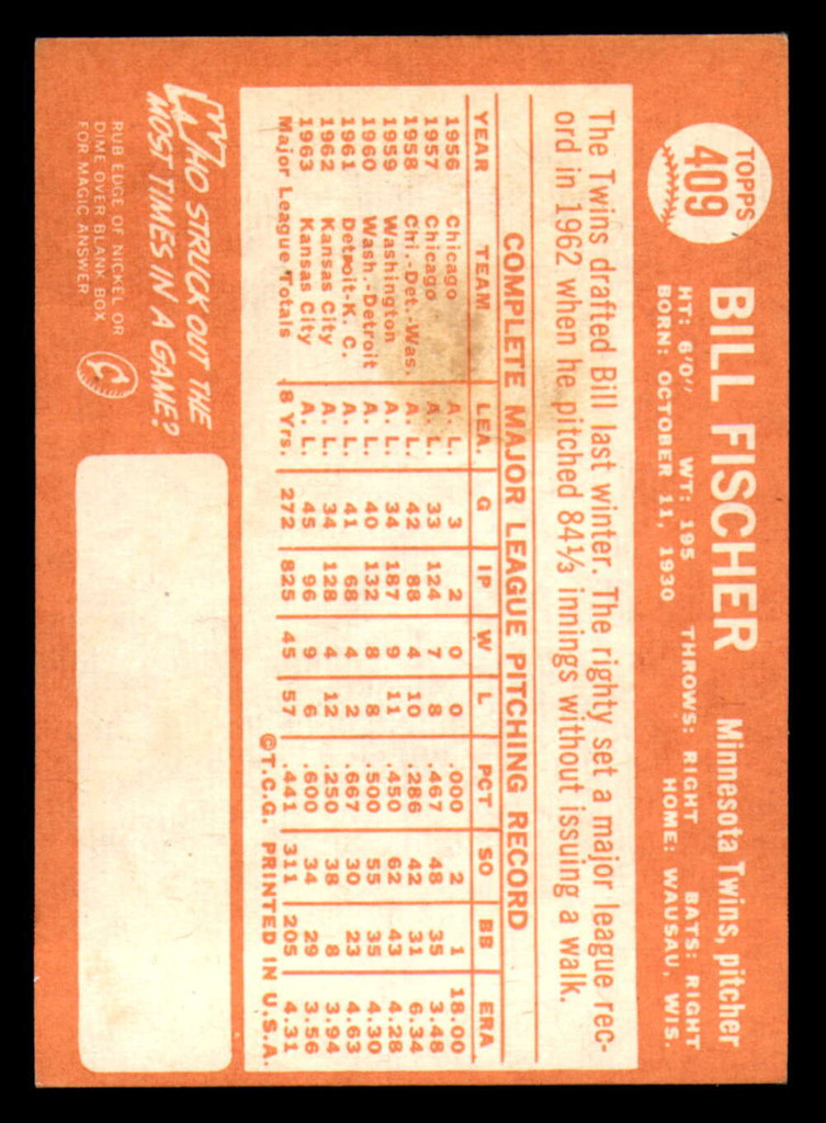 1964 Topps #409 Bill Fischer Ex-Mint  ID: 348851