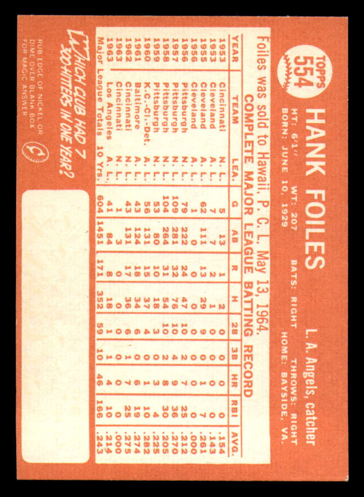 1964 Topps #554 Hank Foiles Ex-Mint High # 