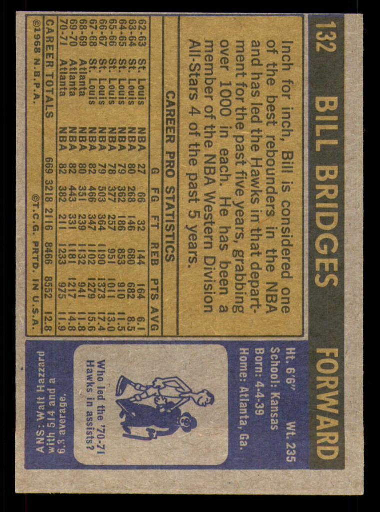 1971-72 Topps #132 Bill Bridges DP Near Mint+  ID: 350346