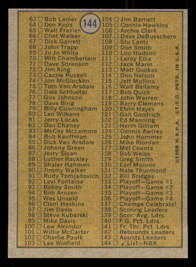 1971-72 Topps #144 NBA Checklist 1-144 ERR Near Mint  ID: 350366