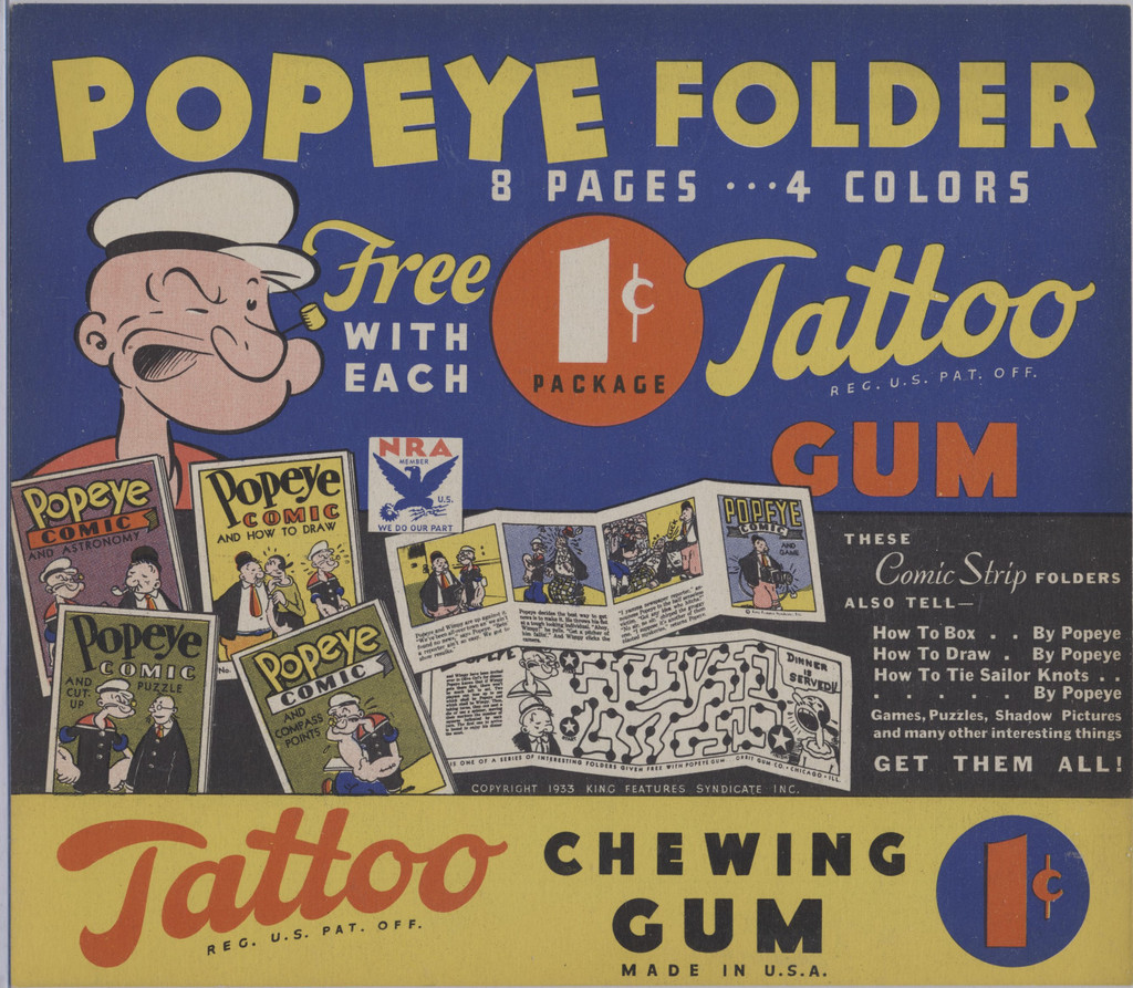 1930's Tattoo Gum 1 Cent Chewing Gum Advertising Piece Popeye Folders 8 3/4 by 7 3/4 Inches  #*