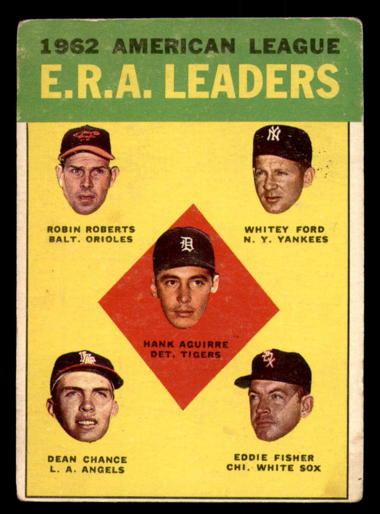 1963 Topps #6 Aguirre/Roberts/Ford/Chance/Fisher AL E.R.A. Leaders Very Good  ID: 351070