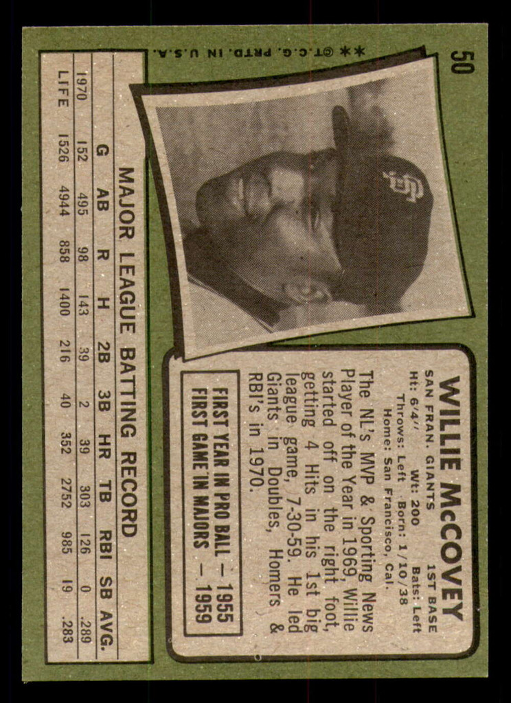1971 Topps #50 Willie McCovey Ex-Mint  ID: 351175