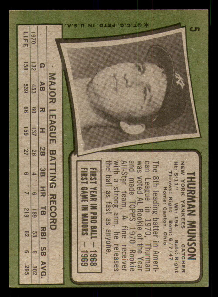 1971 Topps #5 Thurman Munson Ex-Mint  ID: 351826