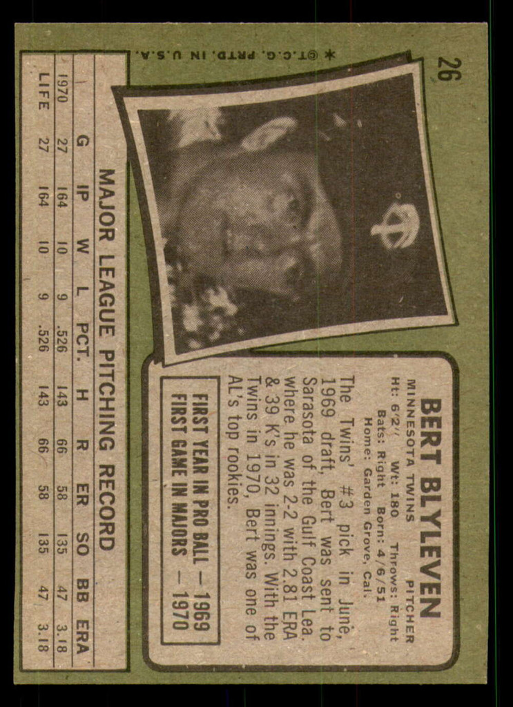 1971 Topps #26 Bert Blyleven Ex-Mint RC Rookie  ID: 351829