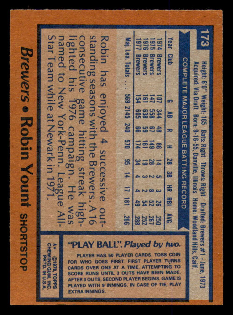 1978 Topps #173 Robin Yount UER Ex-Mint  ID: 352298