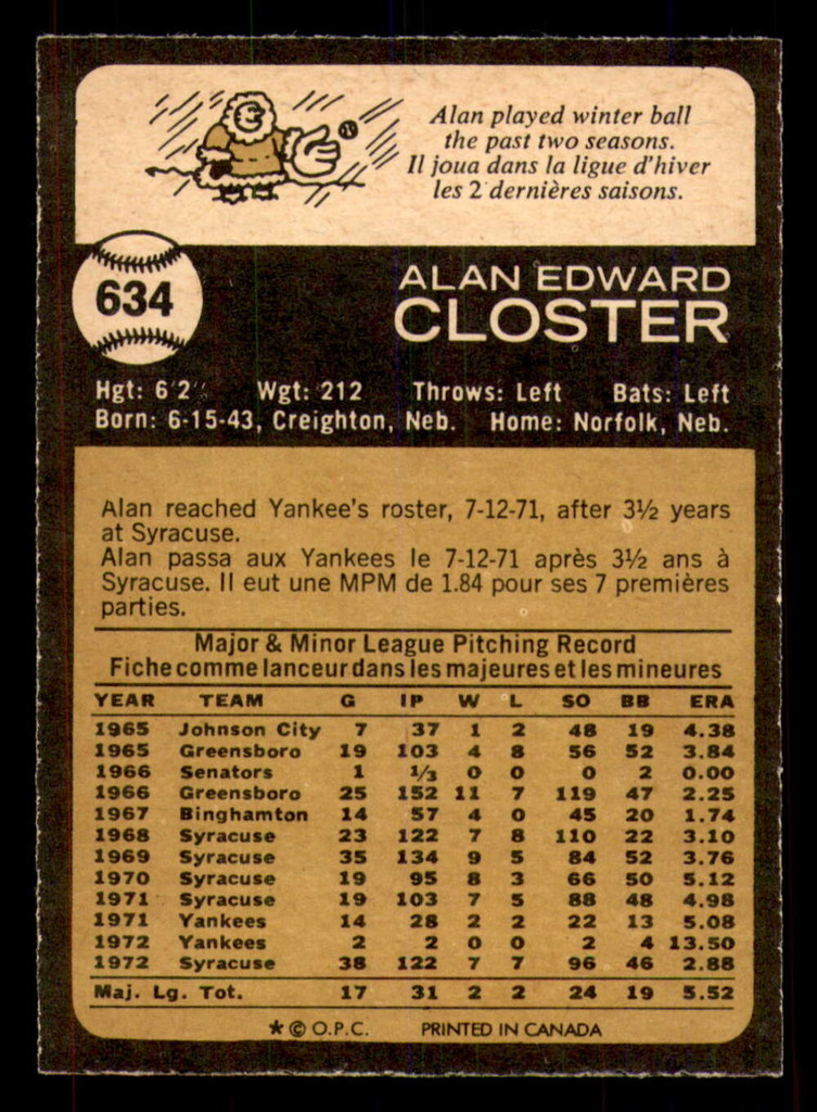 1973 O-Pee-Chee #634 Alan Closter Near Mint OPC 