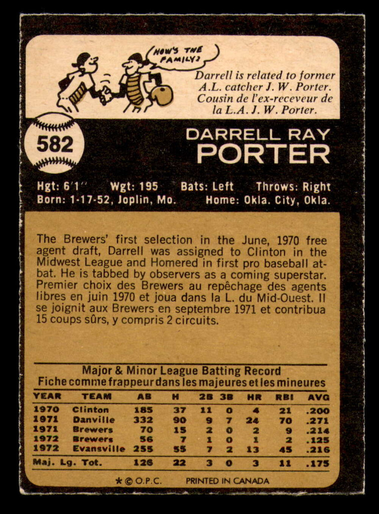 1973 O-Pee-Chee #582 Darrell Porter Near Mint OPC 