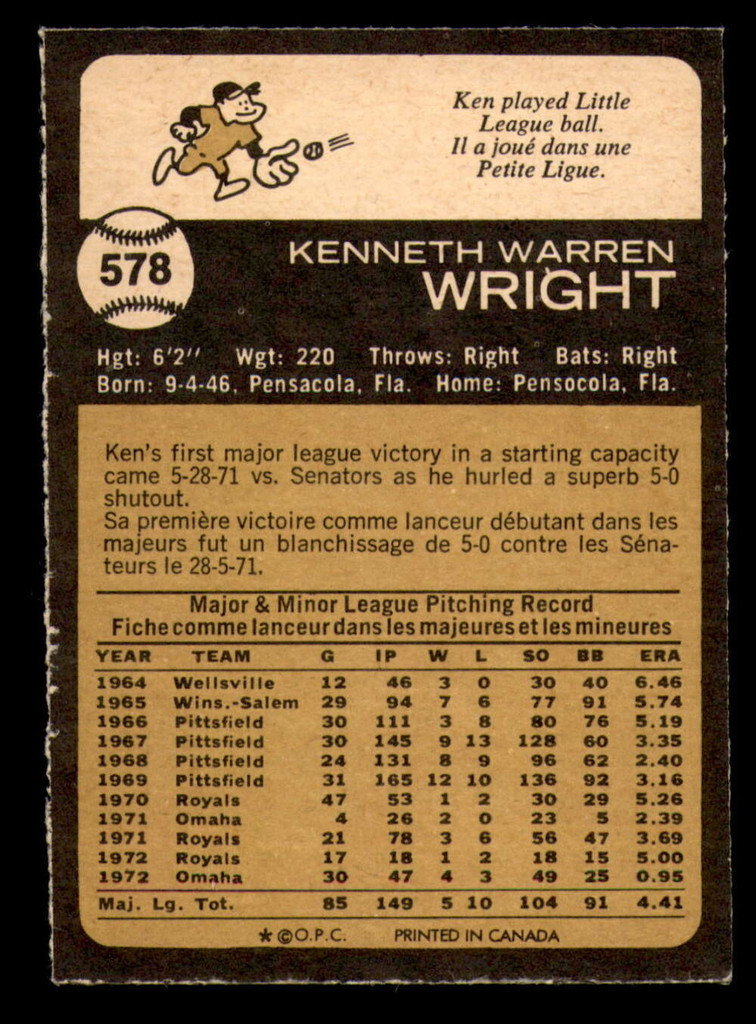 1973 O-Pee-Chee #578 Ken Wright Near Mint OPC 