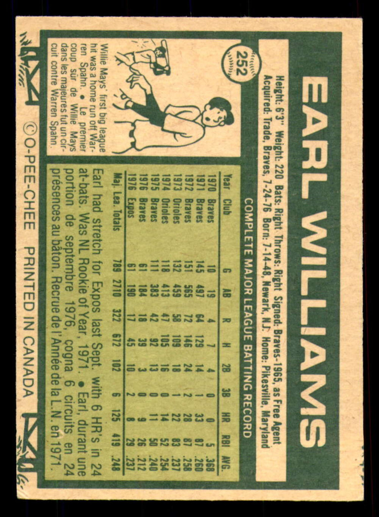 1977 O-Pee-Chee #252 Earl Williams Ex-Mint OPC 