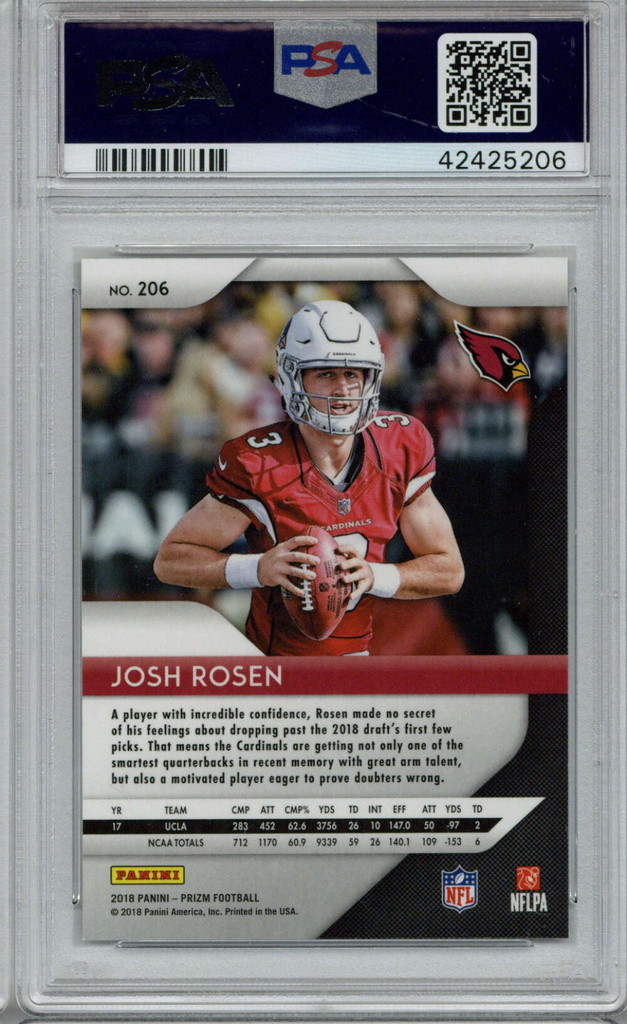 2018 Panin Prizm #206 Josh Rosen PSA Gem Mint 10 Arizona Cardinals