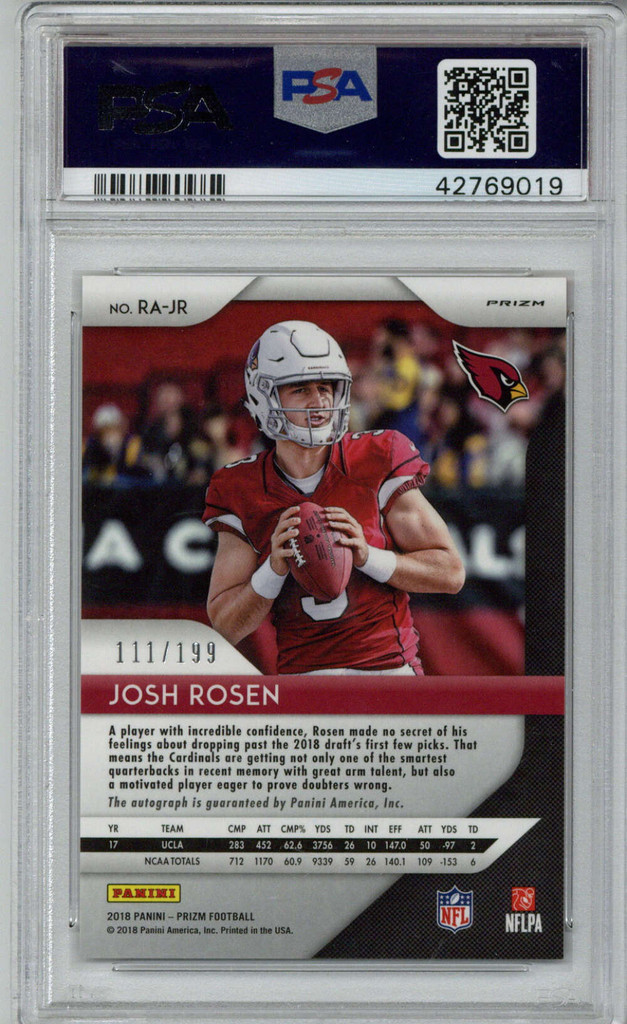 2018 Panini Prizm Red Wave Autograph 111/199 Josh Rosen PSA Gem Mint 10 Arizona Cardinals