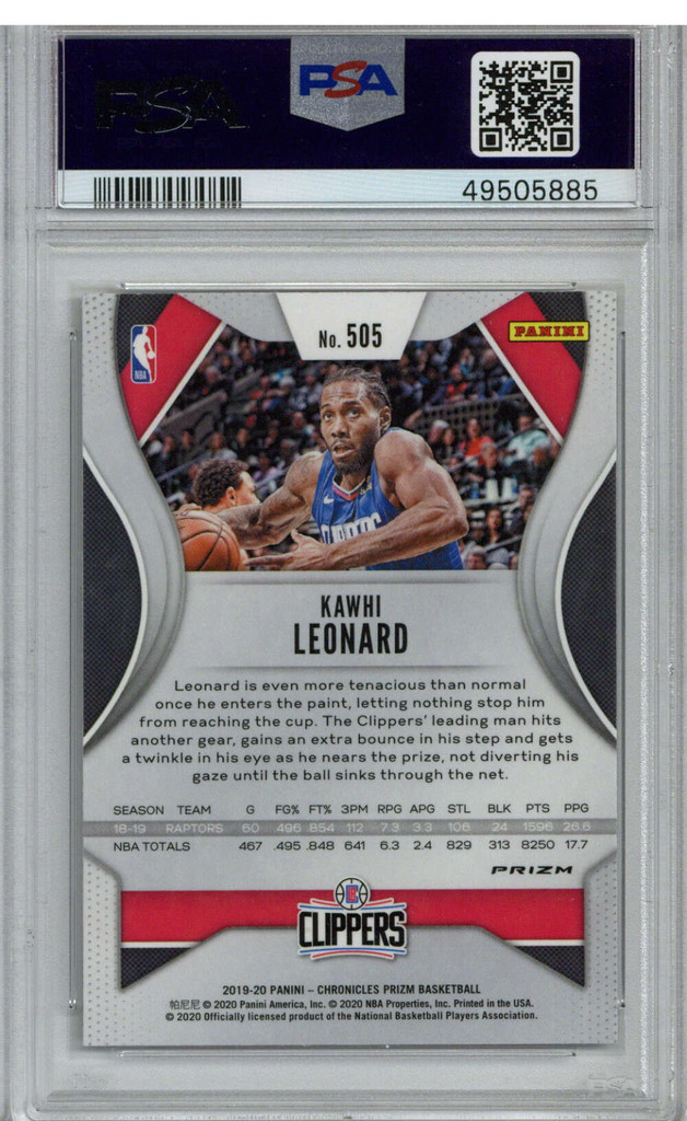 2019 Panini Chronicles Silver # 505 Kawhi Leonard PSA Mint 9 Los Angeles Clippers