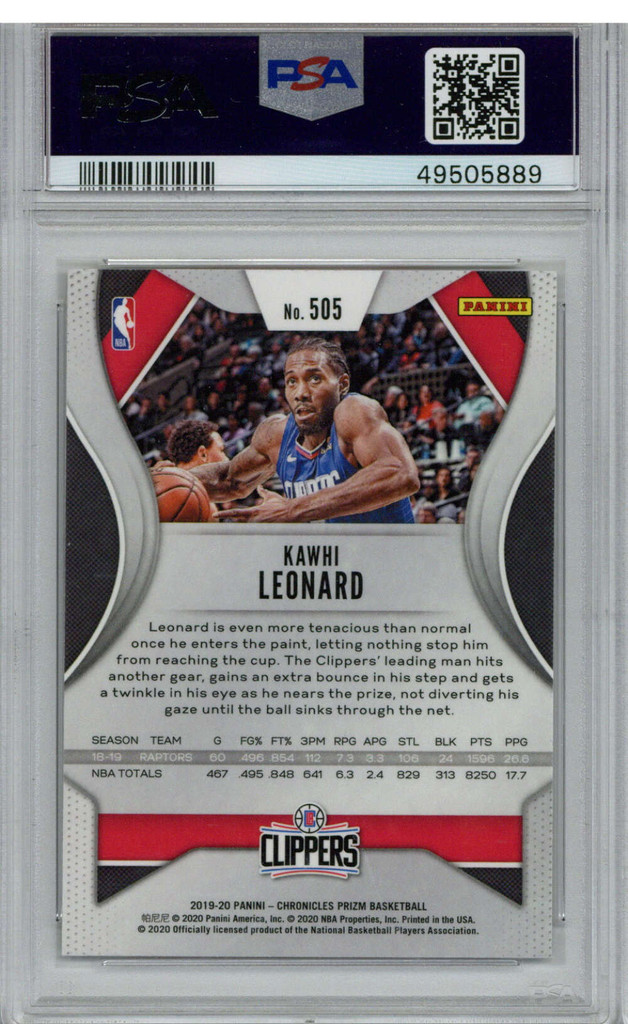 2019 Panini Chronicles # 505 Kawhi Leonard PSA Gem Mint 10 Los Angeles Clippers ID: 353662