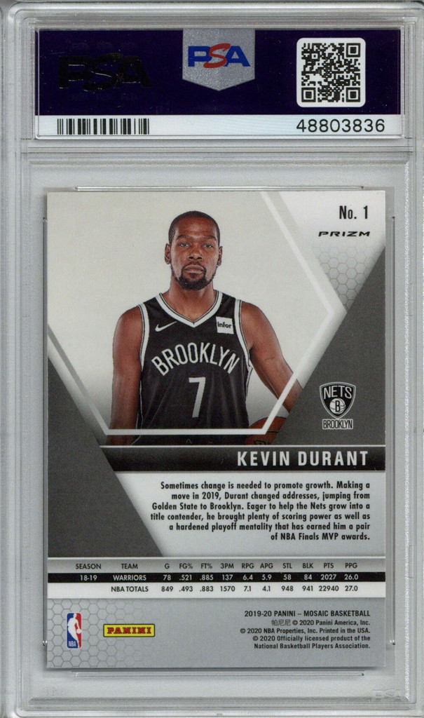 2019 Panini Mosaic Reactive Orange # 1 Kevin Durant PSA Mint 9 Brooklyn Nets