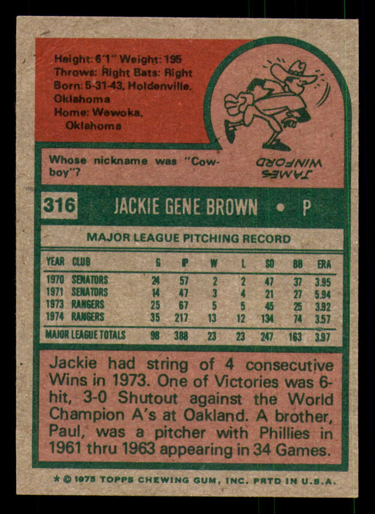 1975 Topps #316 Jackie Brown Very Good Rangers
