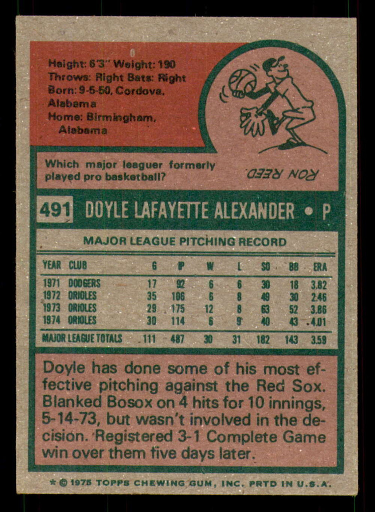 1975 Topps #491 Doyle Alexander Ex-Mint  ID: 354966