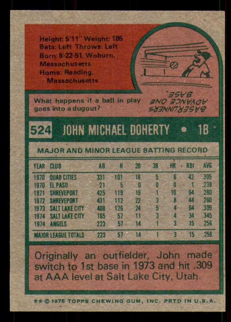 1975 Topps #524 John Doherty Near Mint RC Rookie  ID: 354999