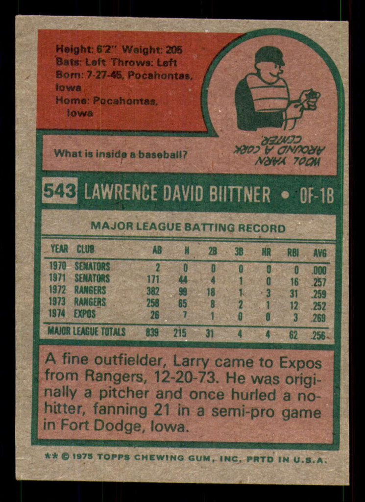 1975 Topps #543 Larry Biittner Ex-Mint  ID: 355018