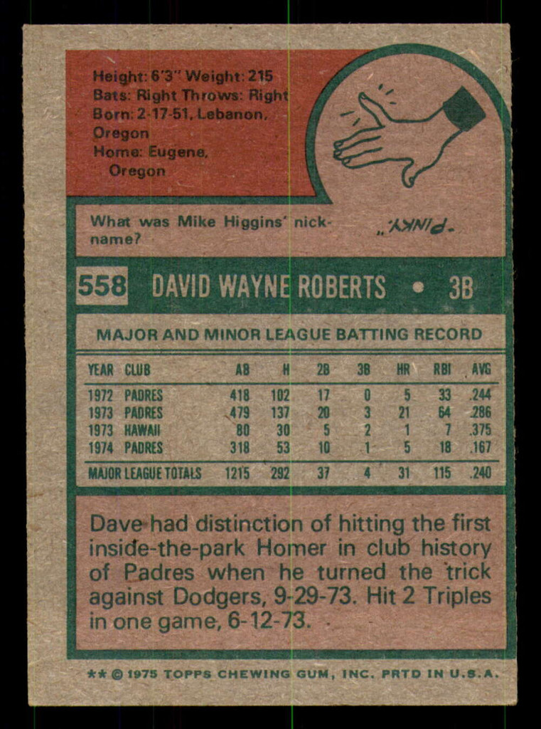 1975 Topps #558 Dave Roberts Ex-Mint  ID: 355033