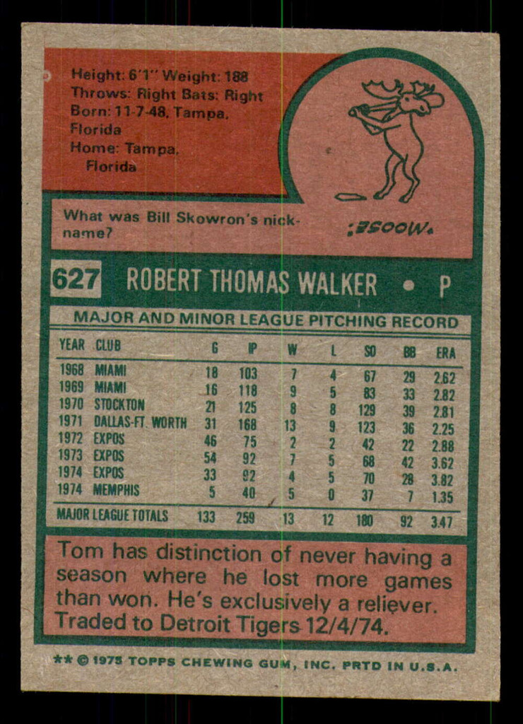 1975 Topps #627 Tom Walker Ex-Mint  ID: 355102