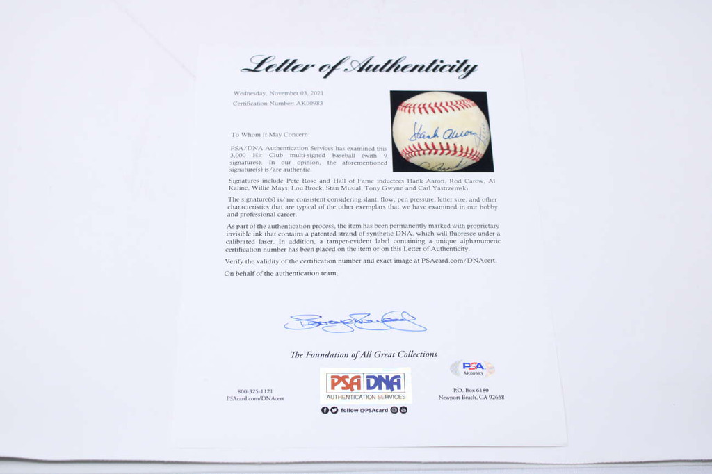 3000 Hit Club 9 Players w/ Rose, Mays, Aaron, Musial Baseball Signed Auto PSA/DNA Authenticated